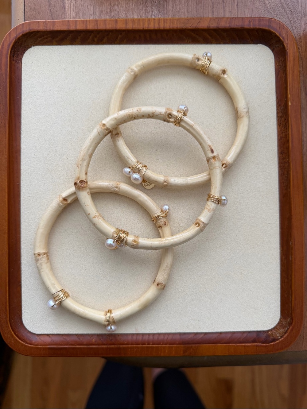 Cream Bamboo Hoop Bracelet with Pearl & Gold Wire Accents